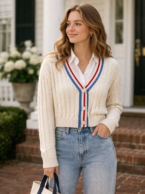Preppy Cable Knit Cardigan Striped Trim Cropped Cream Sweater Classic M